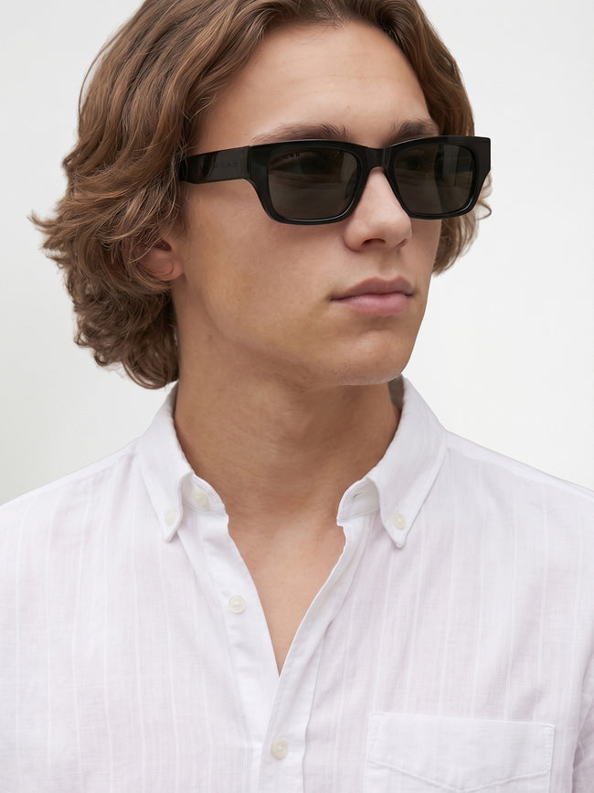 Men Glossy Black Chunky Rectangular Sunglasses with Smoke Olive Tinted Lenses
