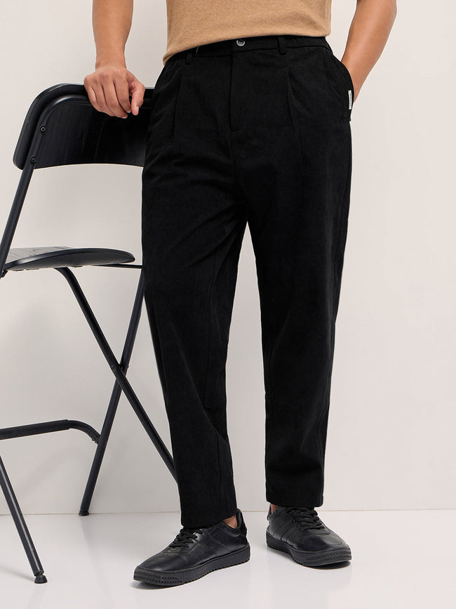 Men Black Solid Polyester Casual Trousers