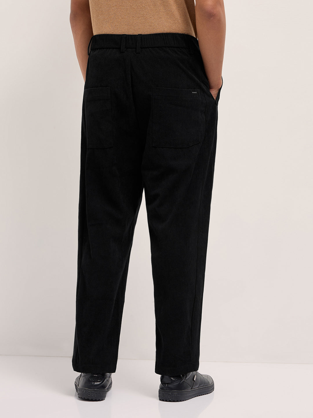 Men Black Solid Polyester Casual Trousers