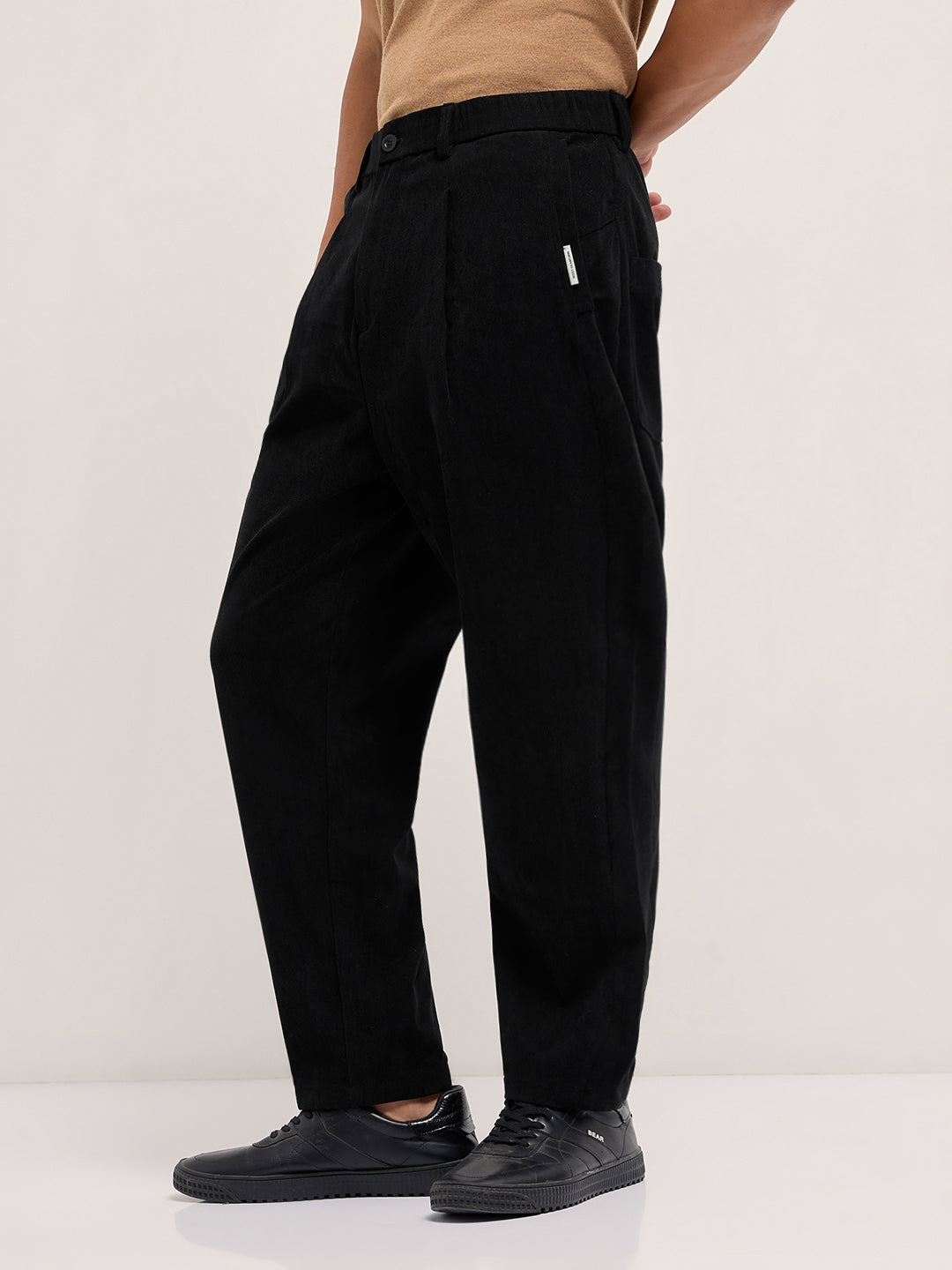 Men Black Solid Polyester Casual Trousers