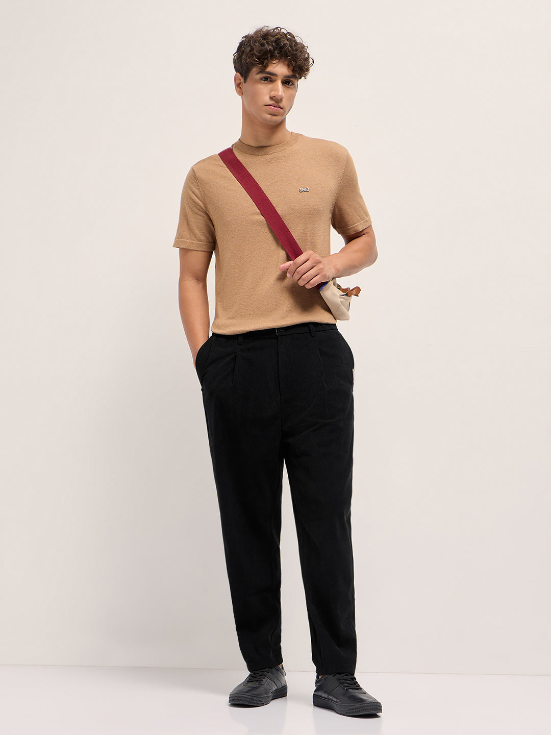 Men Black Solid Polyester Casual Trousers