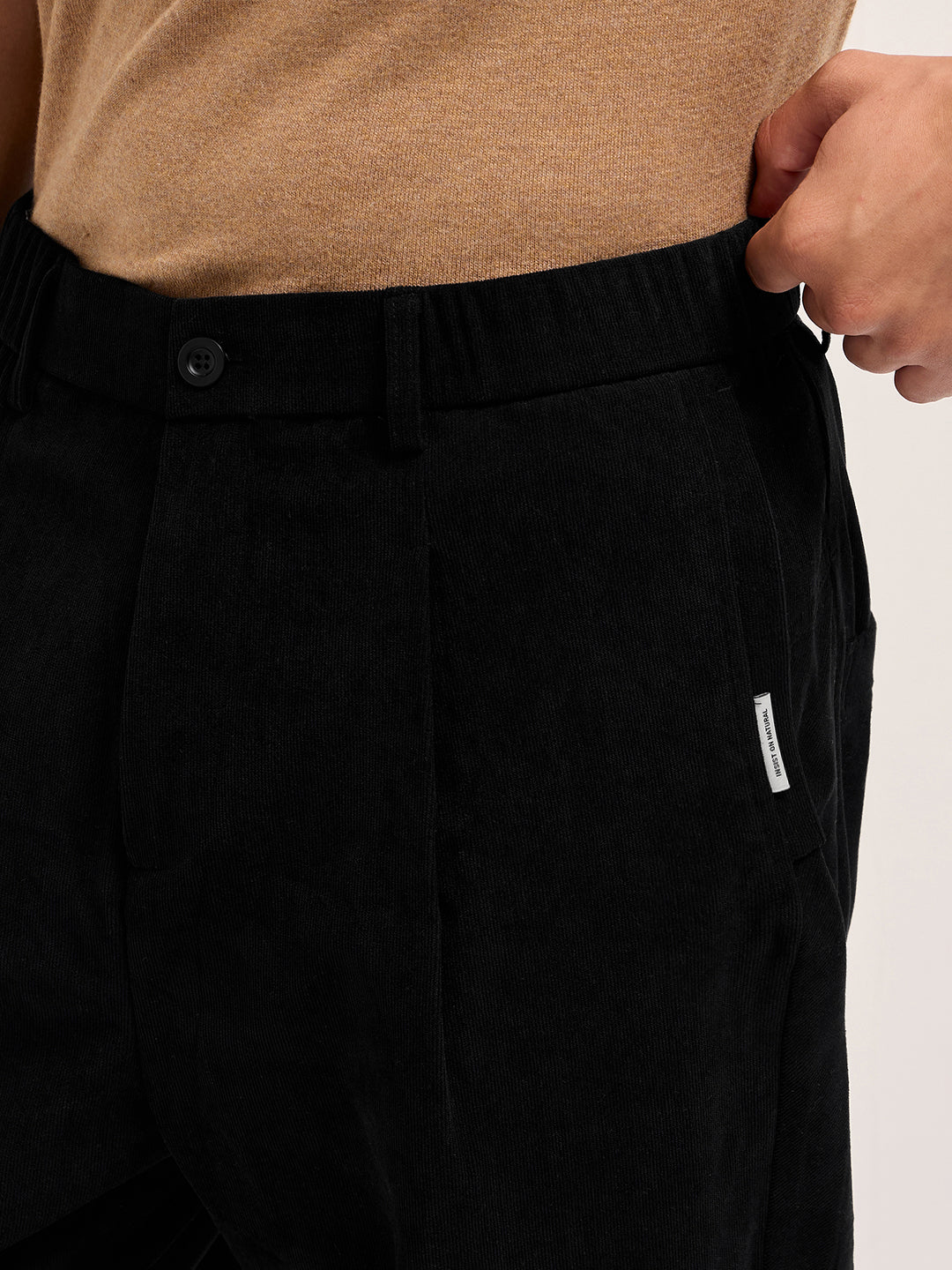 Men Black Solid Polyester Casual Trousers