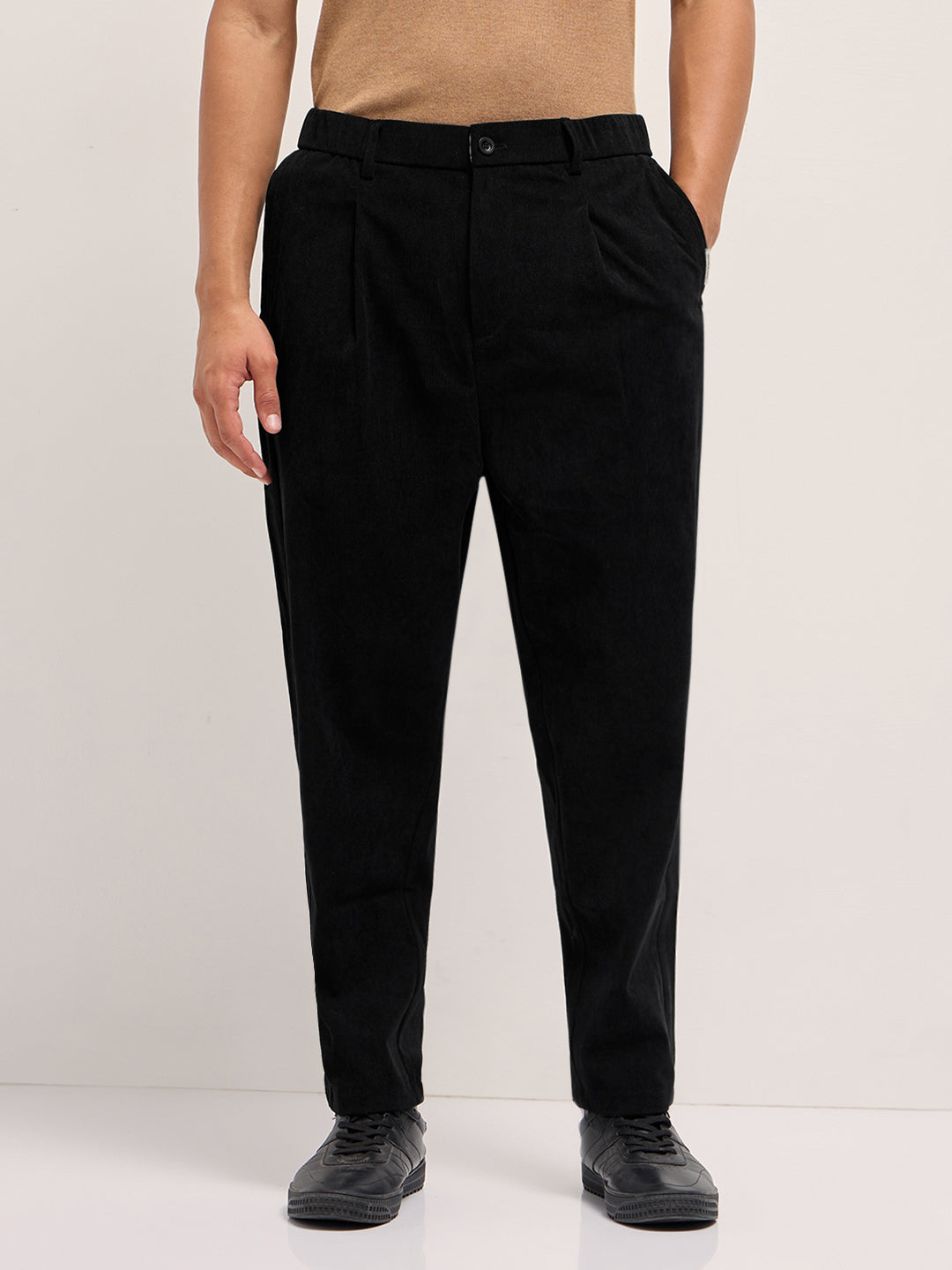 Men Black Solid Polyester Casual Trousers