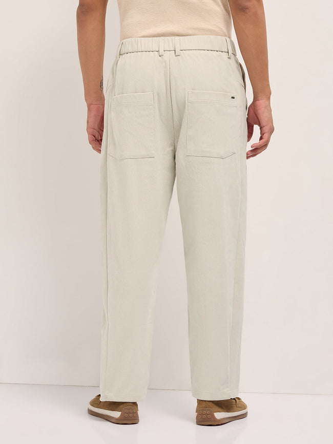 Men Cream Solid Polyester Casual Trousers