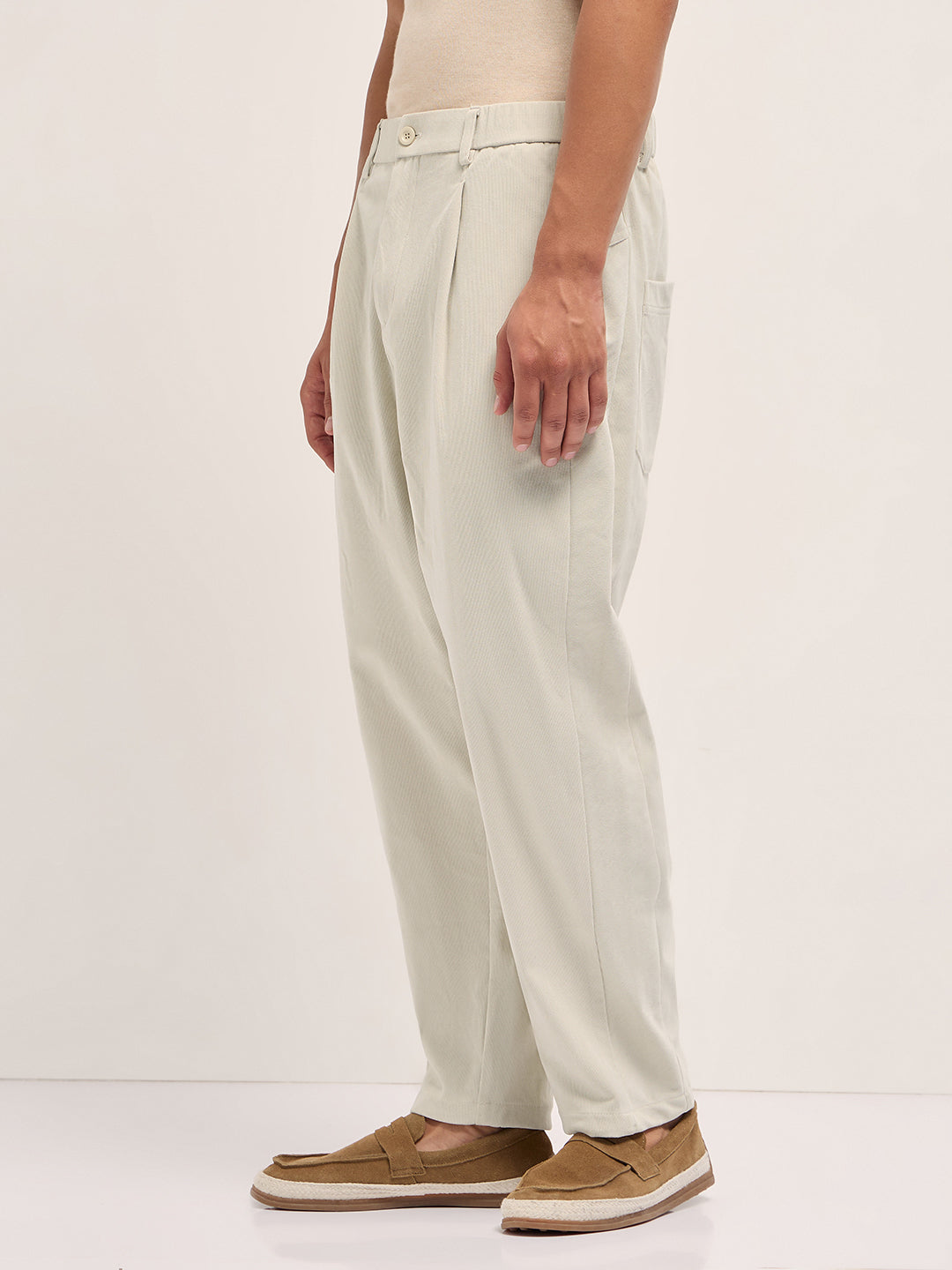 Men Cream Solid Polyester Casual Trousers