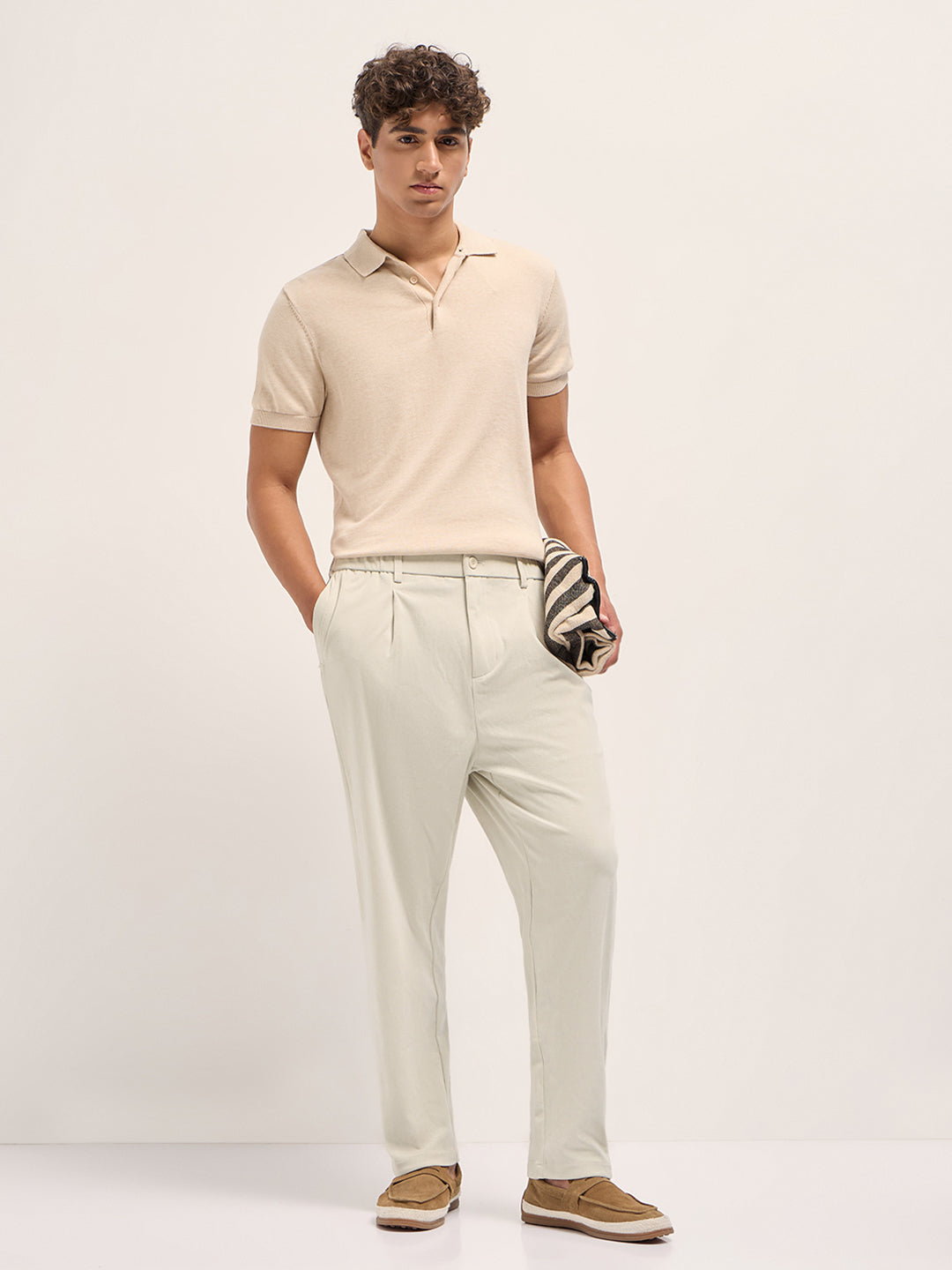 Men Cream Solid Polyester Casual Trousers