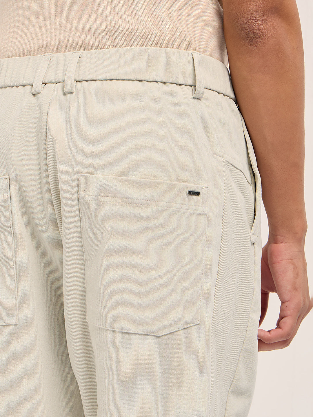 Men Cream Solid Polyester Casual Trousers
