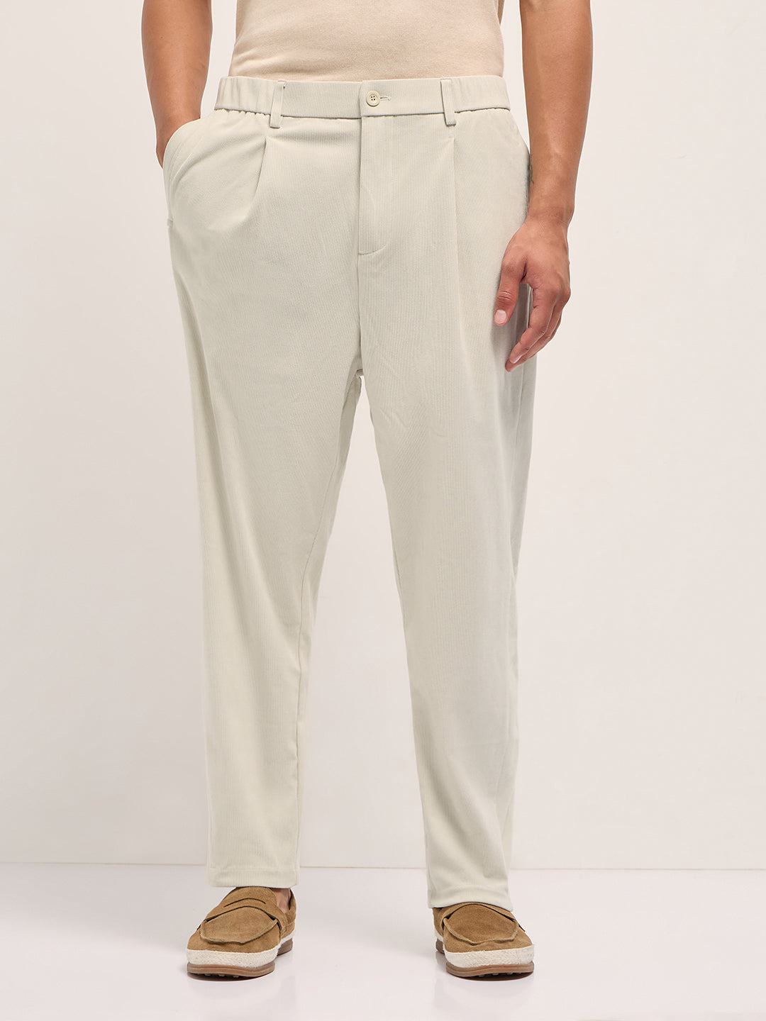 Men Cream Solid Polyester Casual Trousers