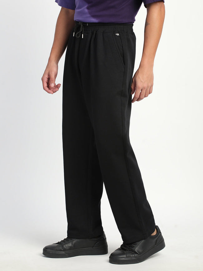 Men Black Solid Straight Fit Trousers