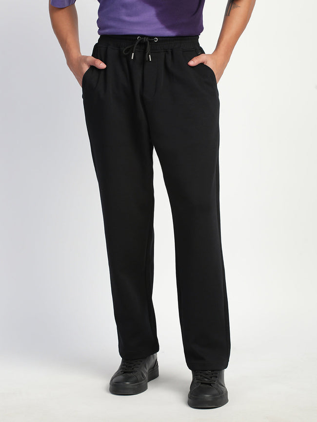 Men Black Solid Straight Fit Trousers