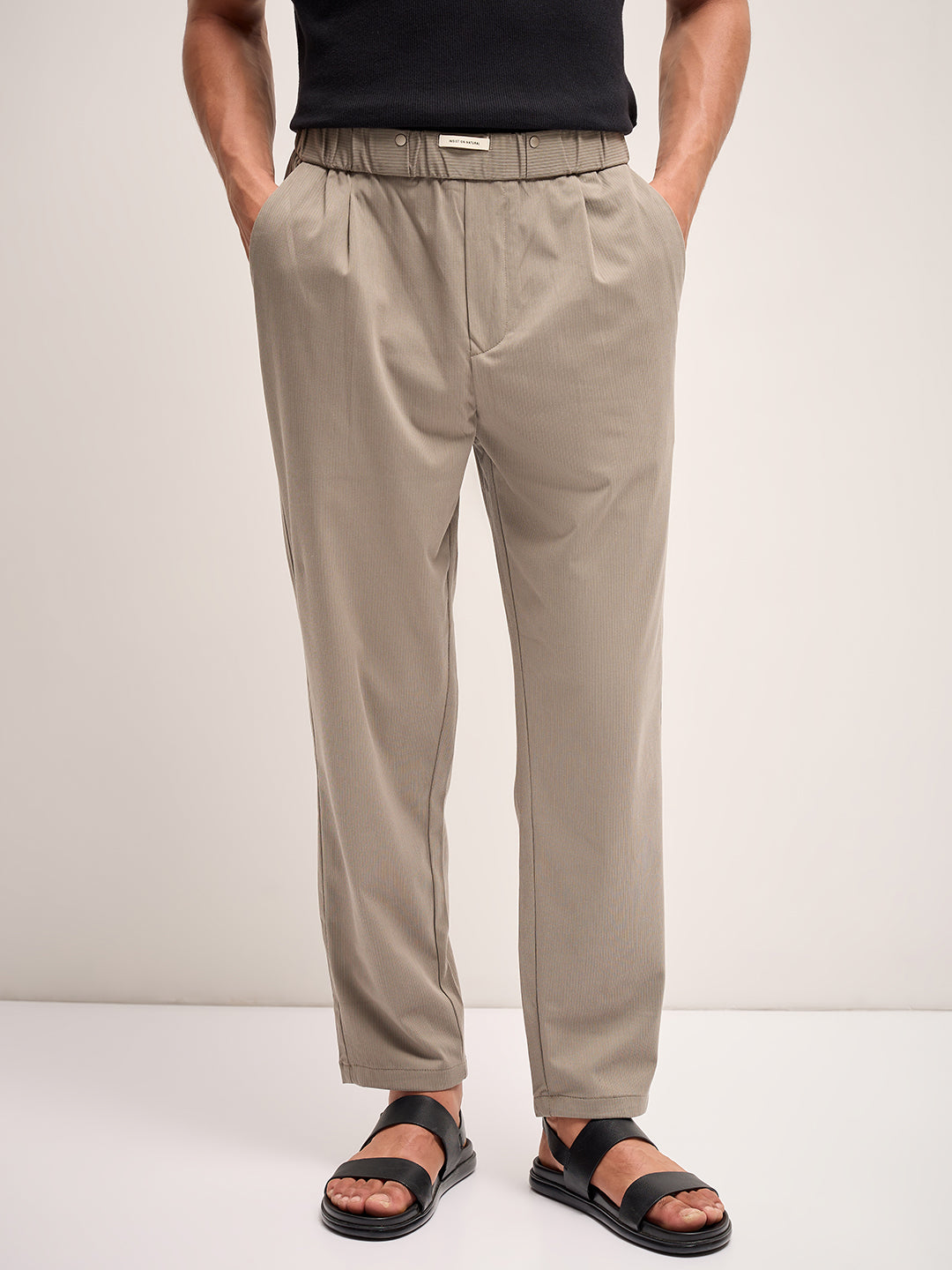 Men Grey Self Design Regular Fit Mid-Rise Casual Pant