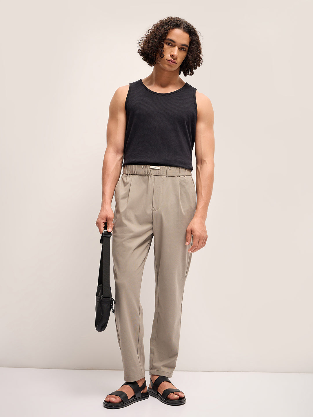 Men Grey Self Design Regular Fit Mid-Rise Casual Pant