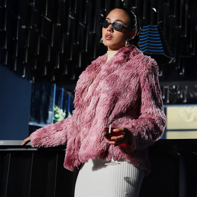 Women Pink Dye-Fur Shawl Jacket