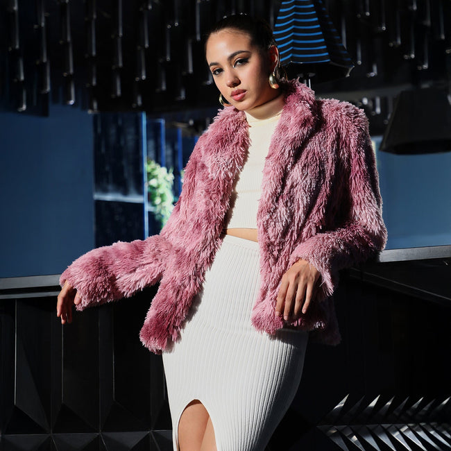 Women Pink Dye-Fur Shawl Jacket