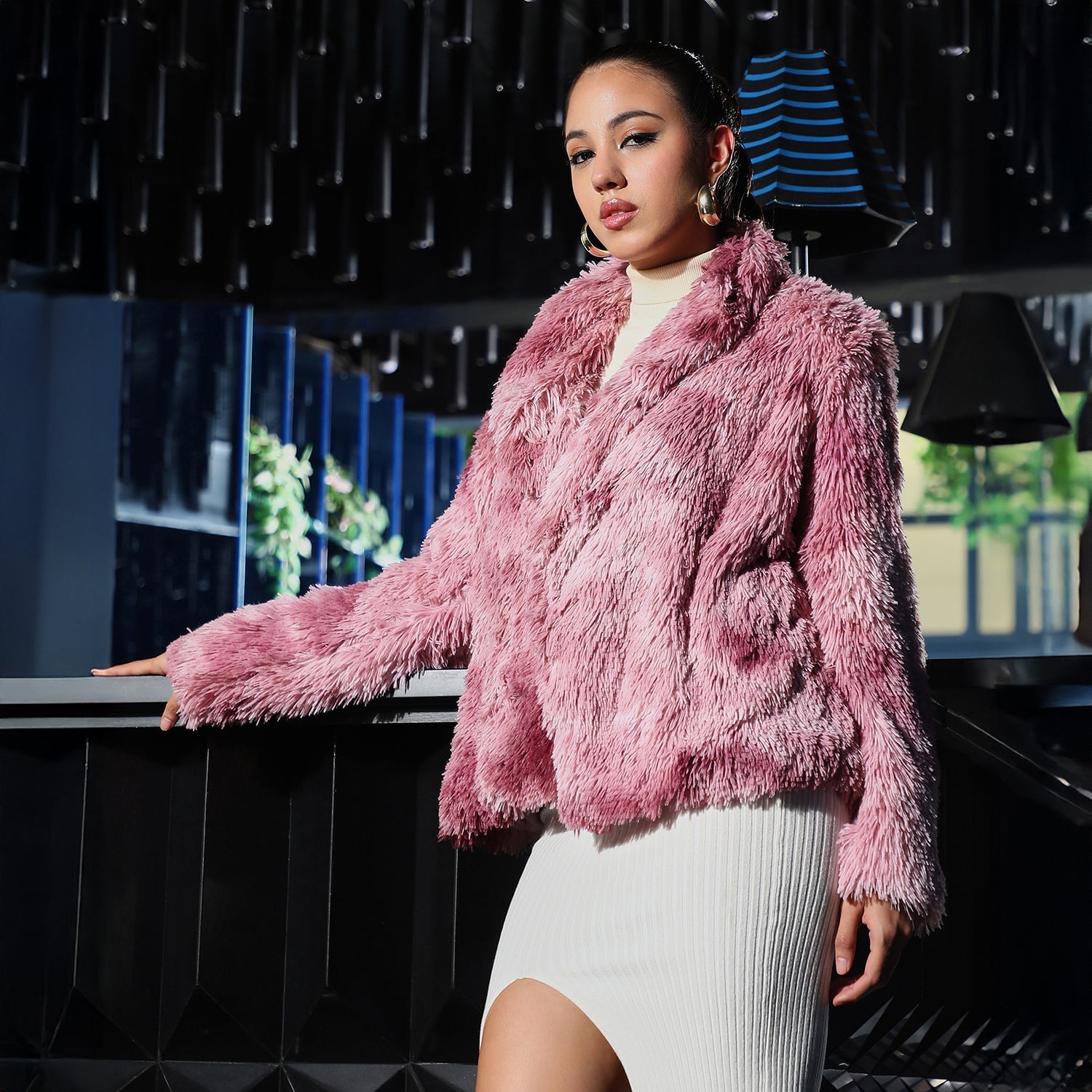 Women Pink Dye-Fur Shawl Jacket