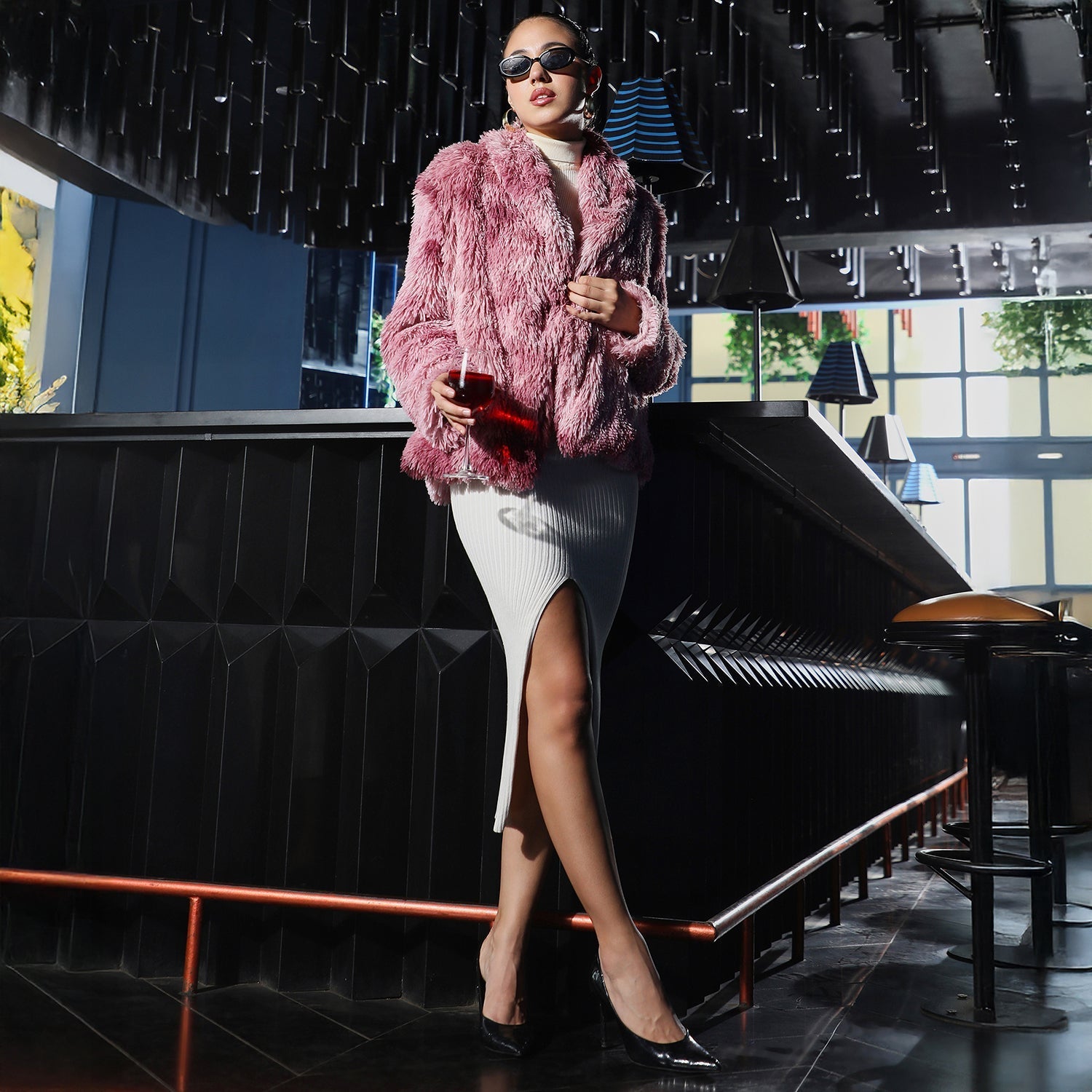 Women Pink Dye-Fur Shawl Jacket