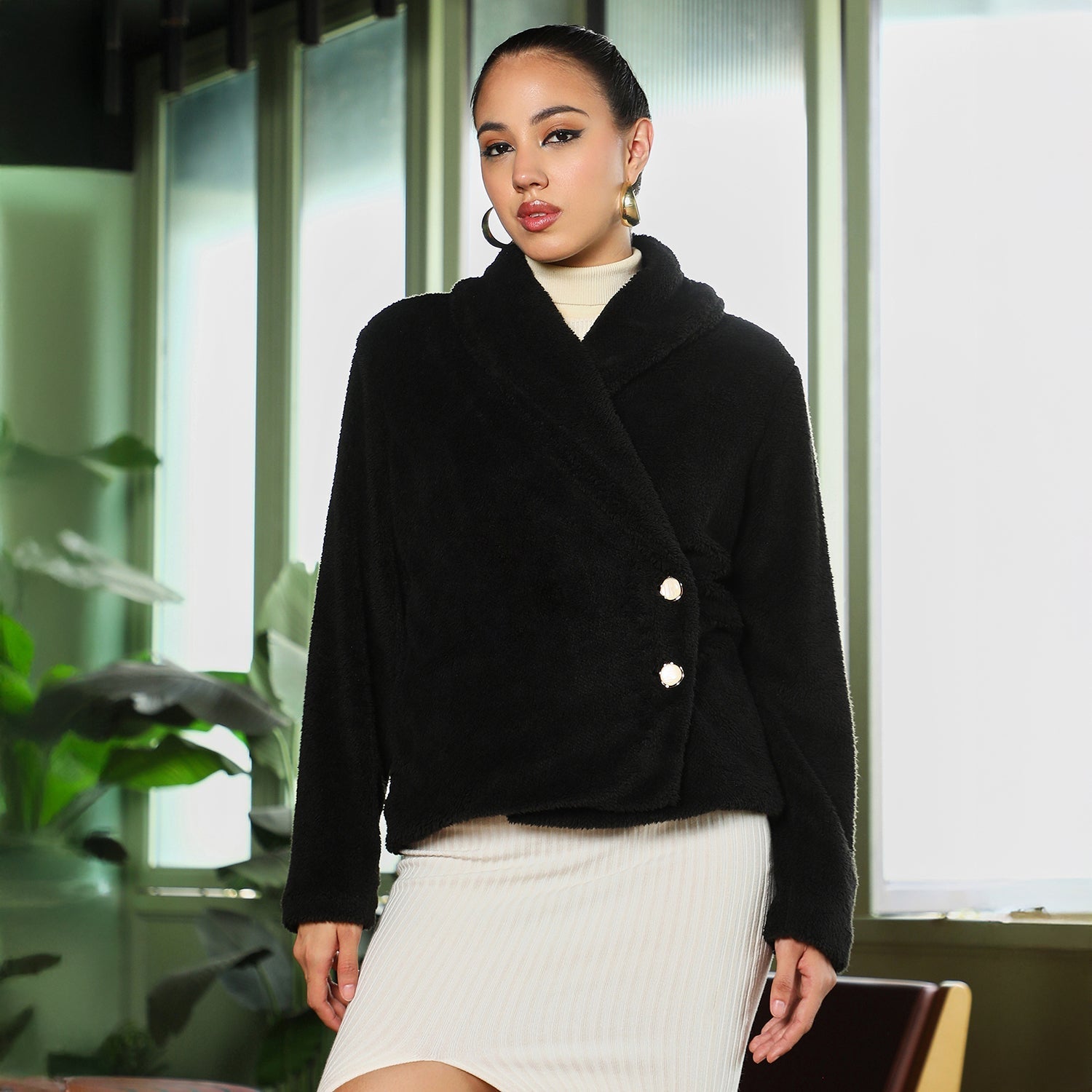 Women Black Fur Shawl Jacket