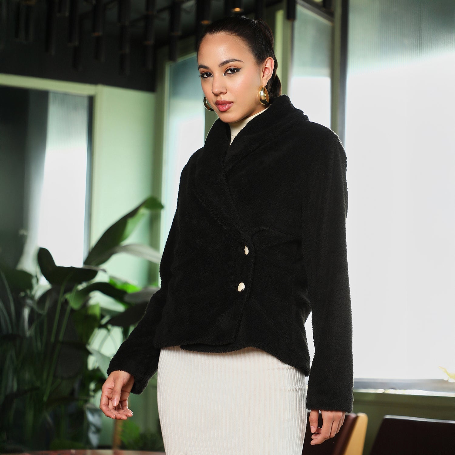 Women Black Fur Shawl Jacket