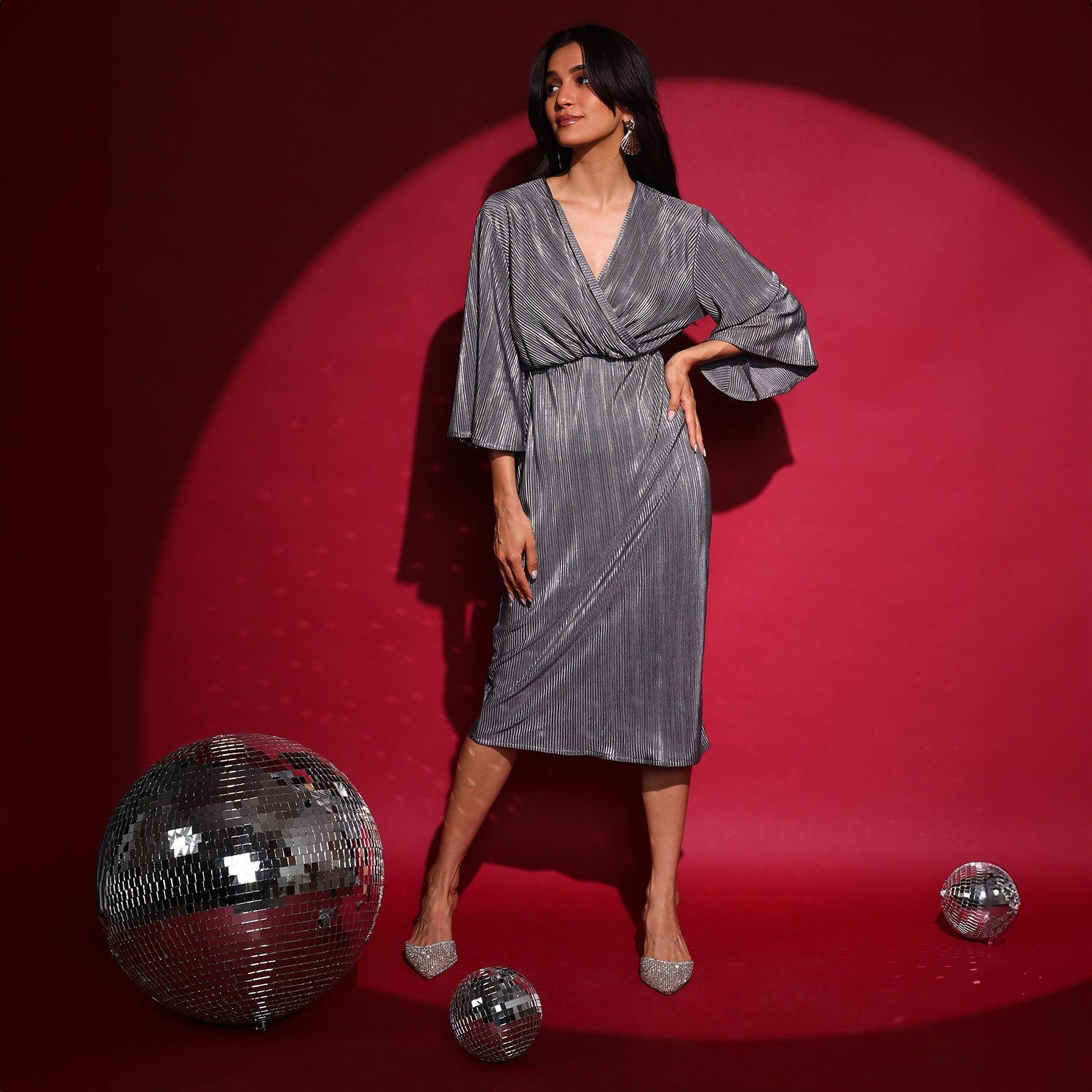 Women Silver Pleated Wrap Dress