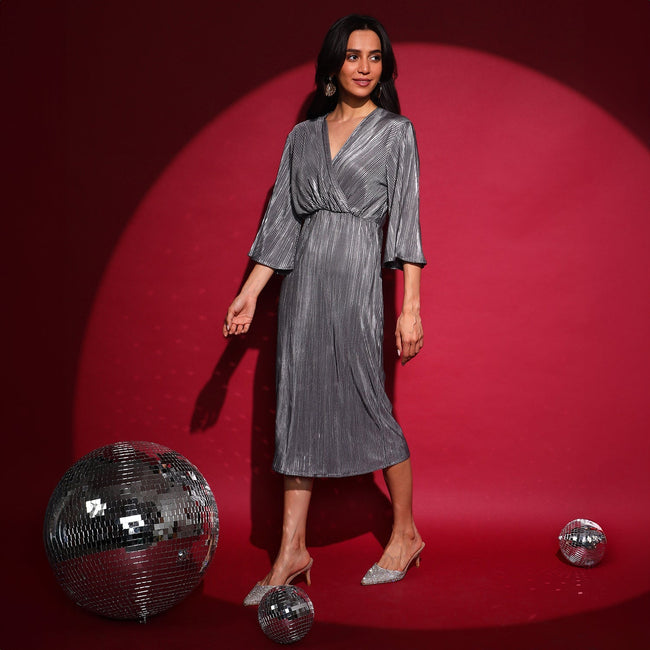 Women Silver Pleated Wrap Dress