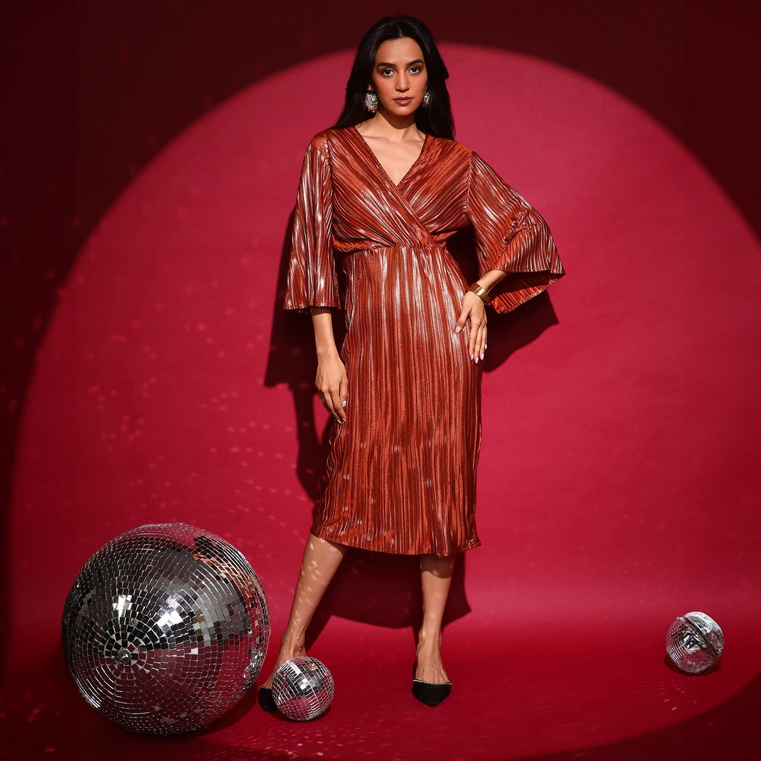 Women Brown Pleated Wrap Dress