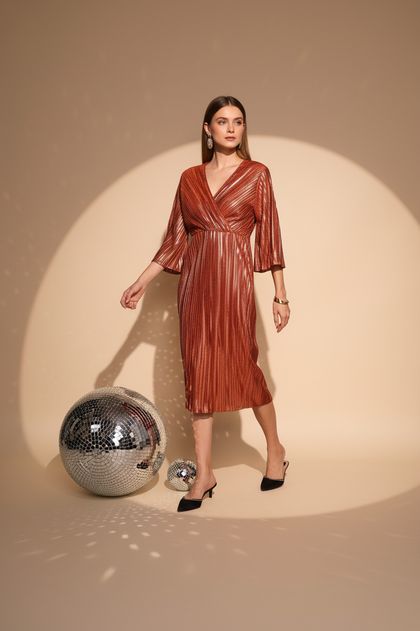 Women Brown Pleated Wrap Dress