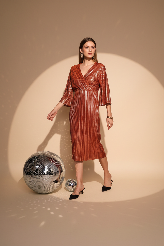 Women Brown Pleated Wrap Dress