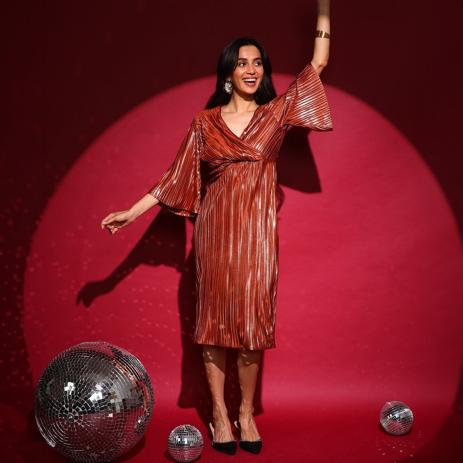 Women Brown Pleated Wrap Dress