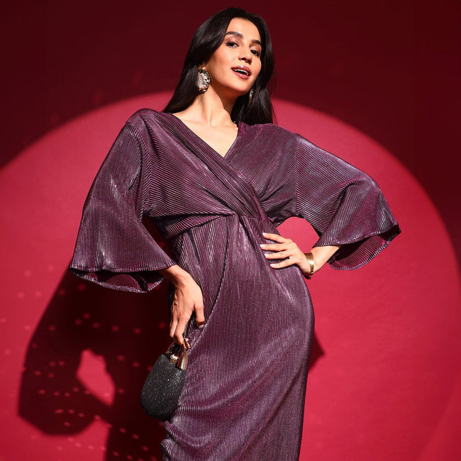 Women Purple Pleated Wrap Dress