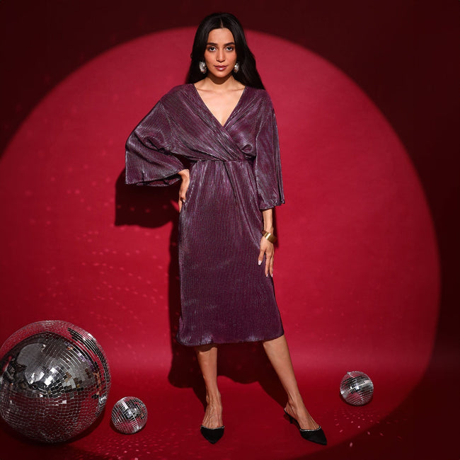 Women Purple Pleated Wrap Dress