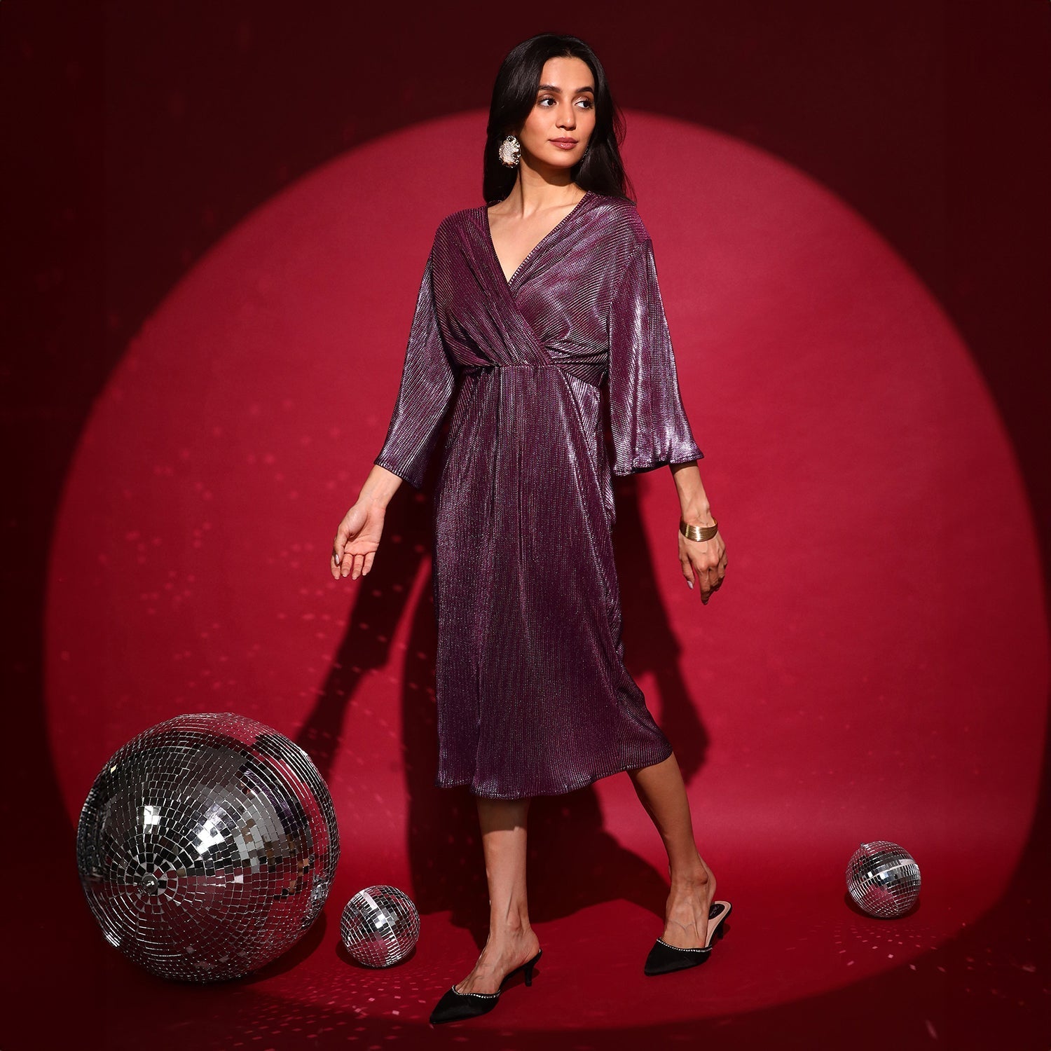 Women Purple Pleated Wrap Dress
