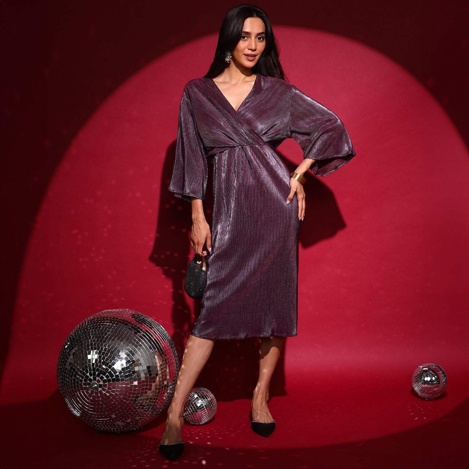 Women Purple Pleated Wrap Dress