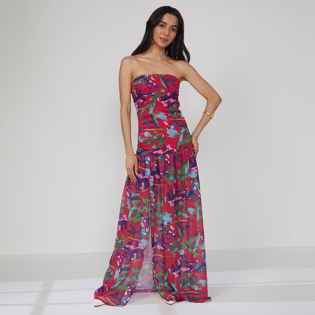 Women Red Blurry Bandeau Dress