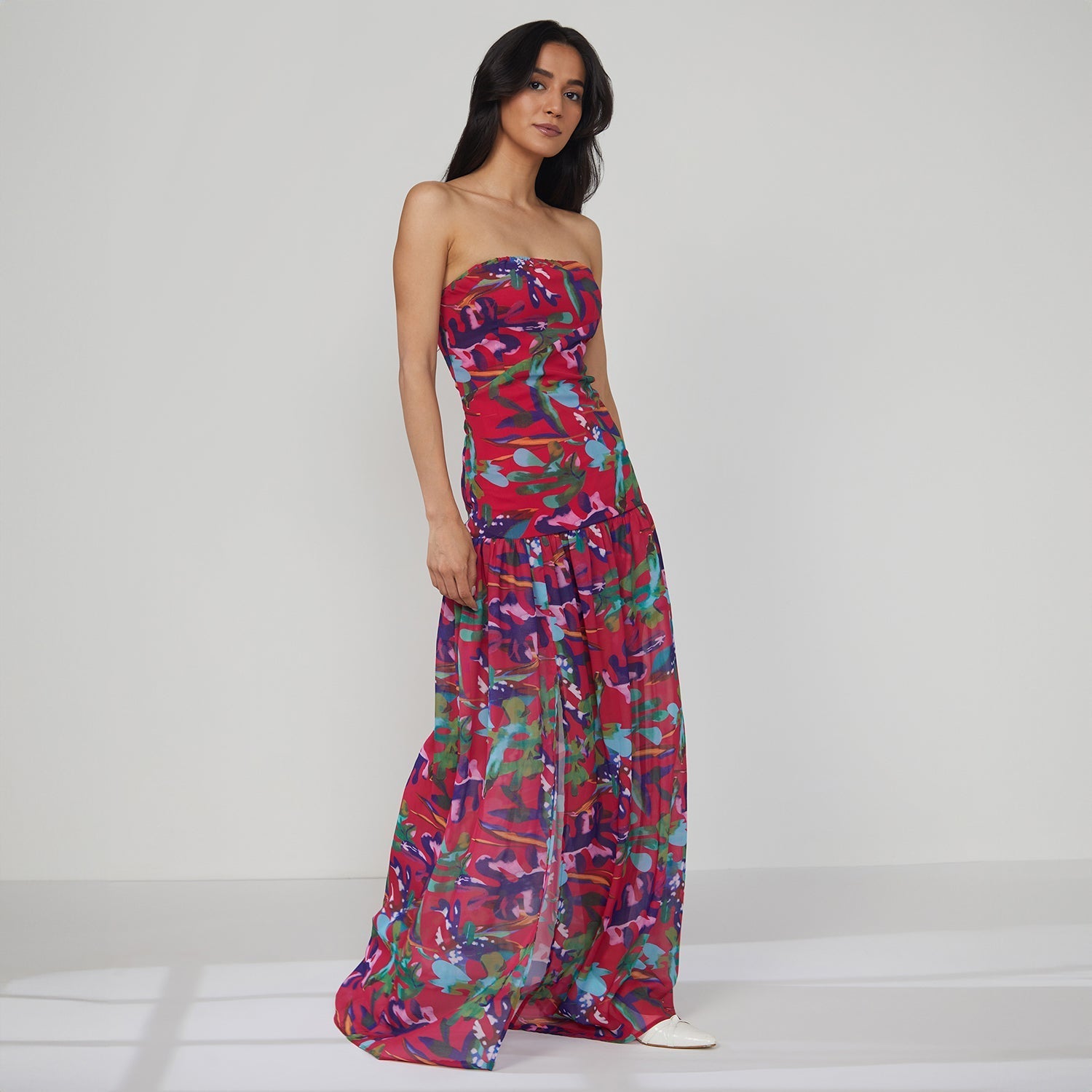 Women Red Blurry Bandeau Dress