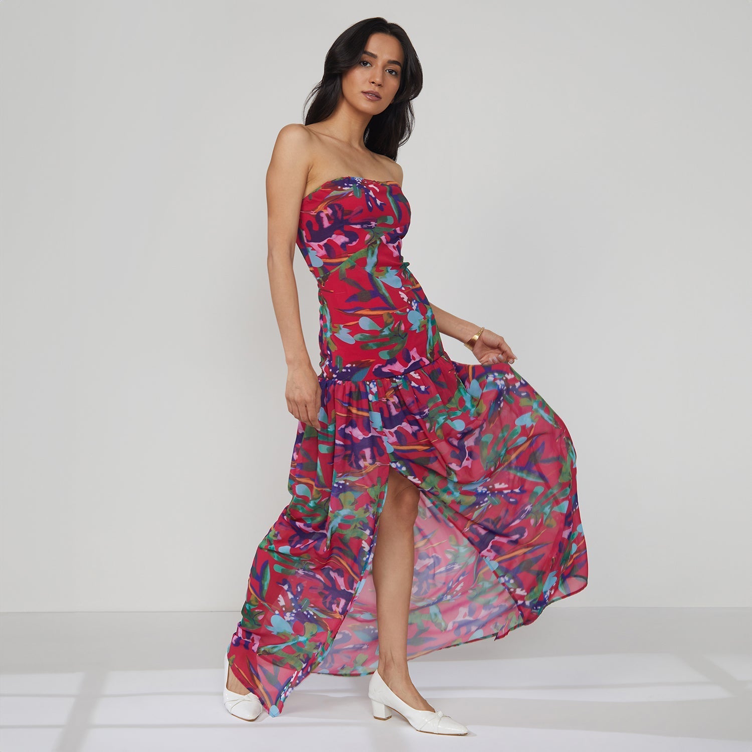 Women Red Blurry Bandeau Dress