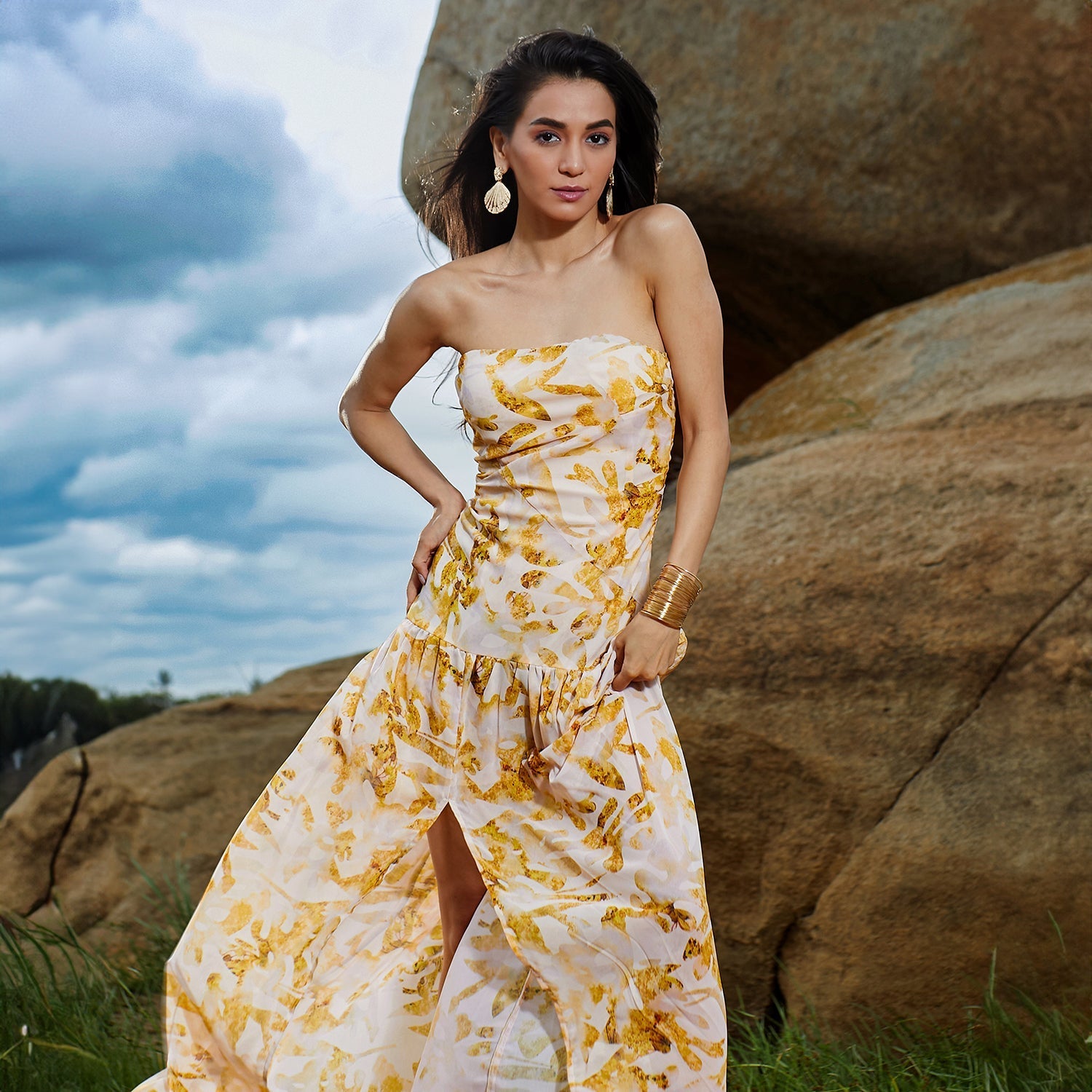 Women Yellow Blurry Bandeau Dress