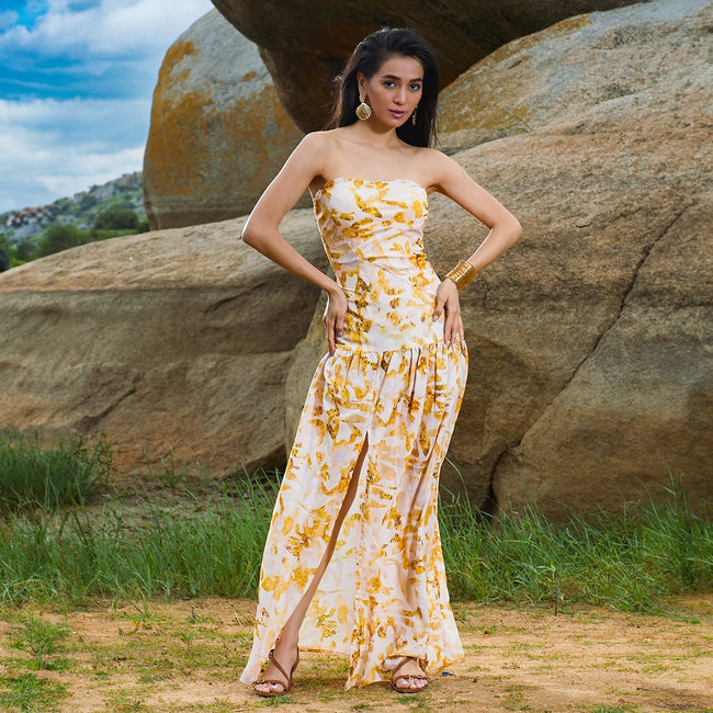 Women Yellow Blurry Bandeau Dress