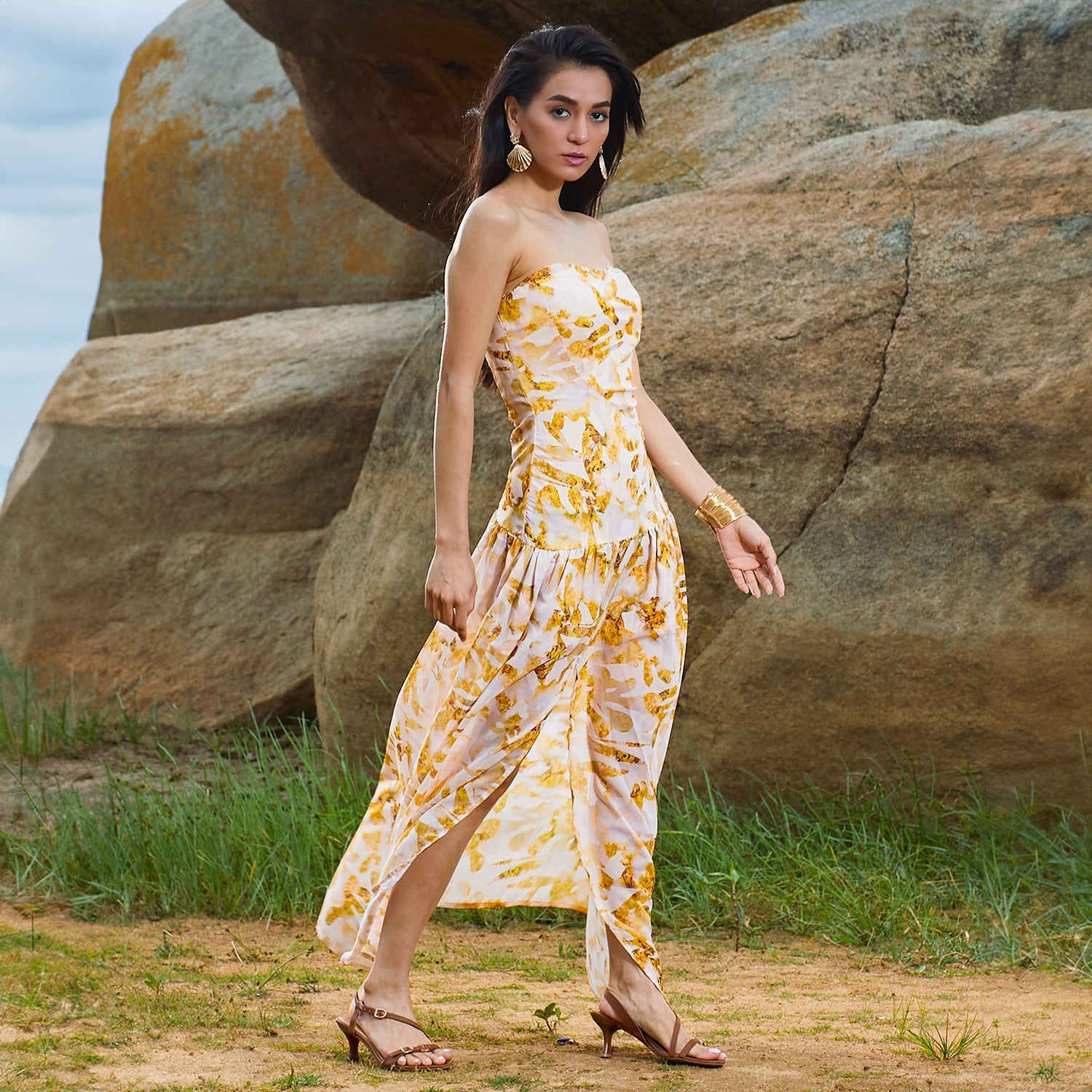 Women Yellow Blurry Bandeau Dress