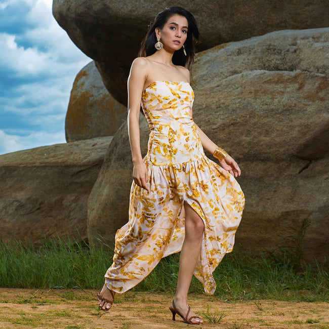 Women Yellow Blurry Bandeau Dress