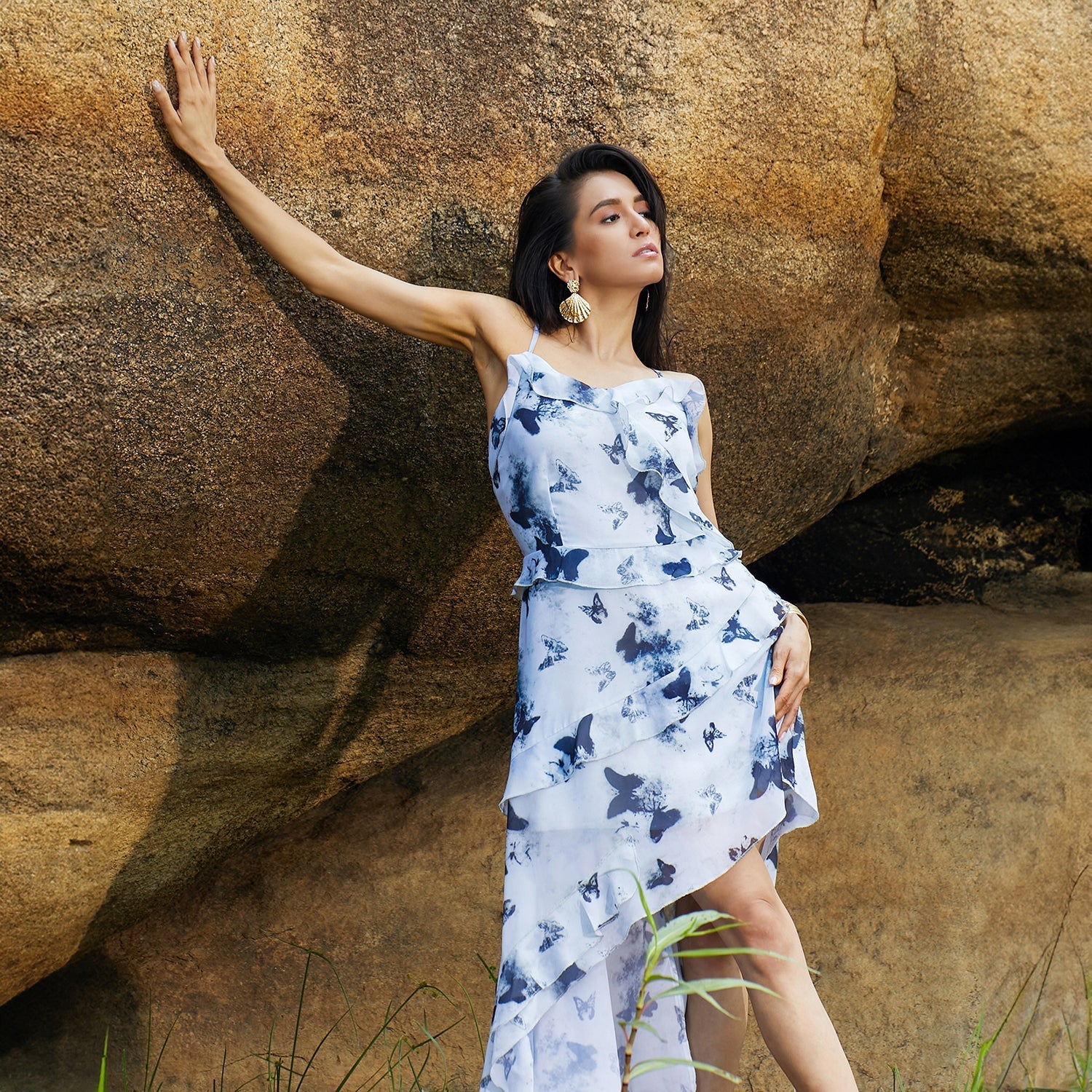 Women Blue Blurry Butterfly Dress