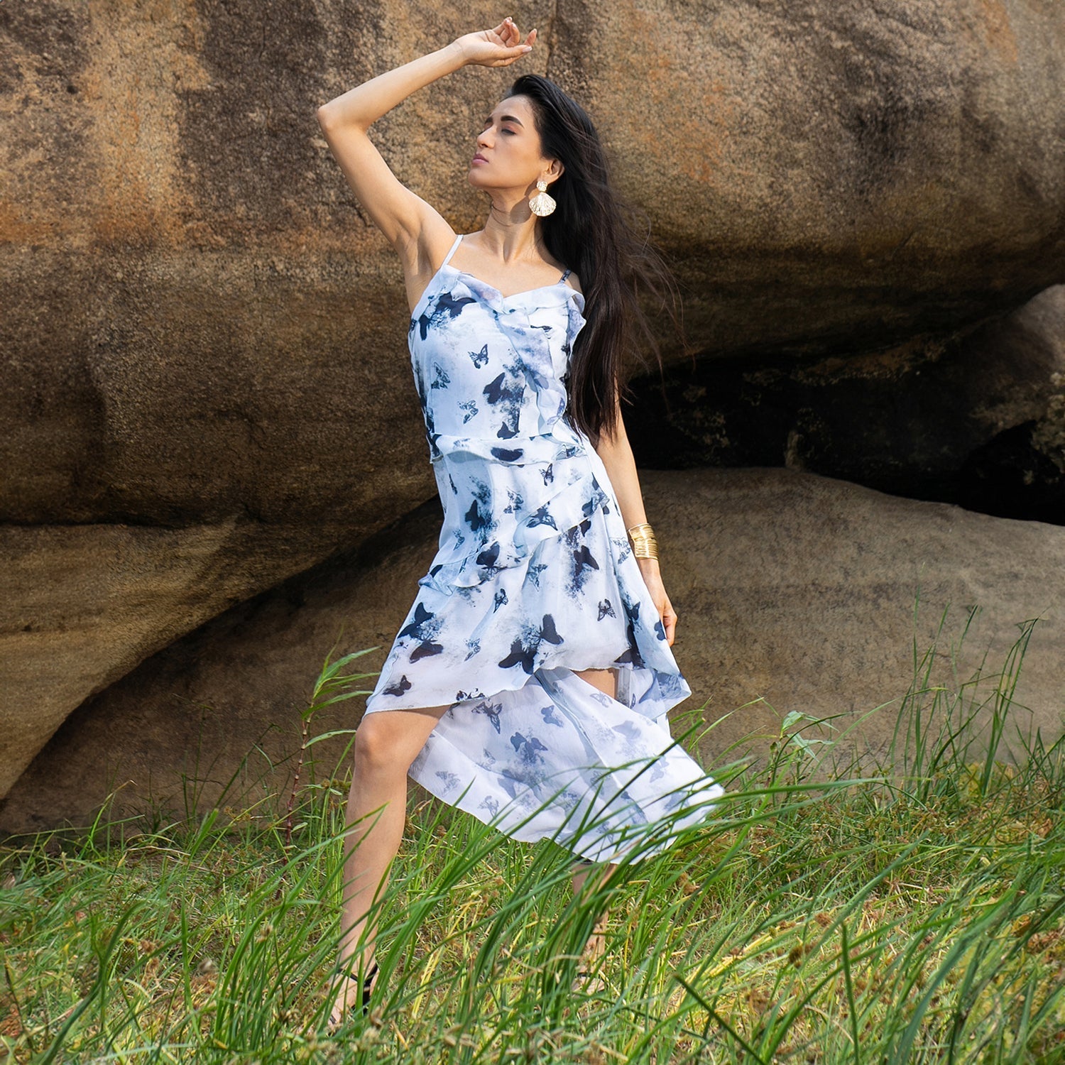 Women Blue Blurry Butterfly Dress