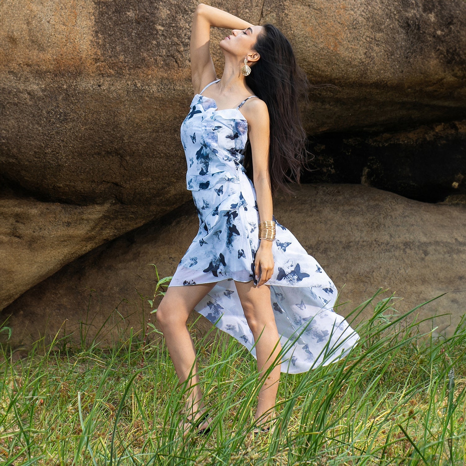 Women Blue Blurry Butterfly Dress
