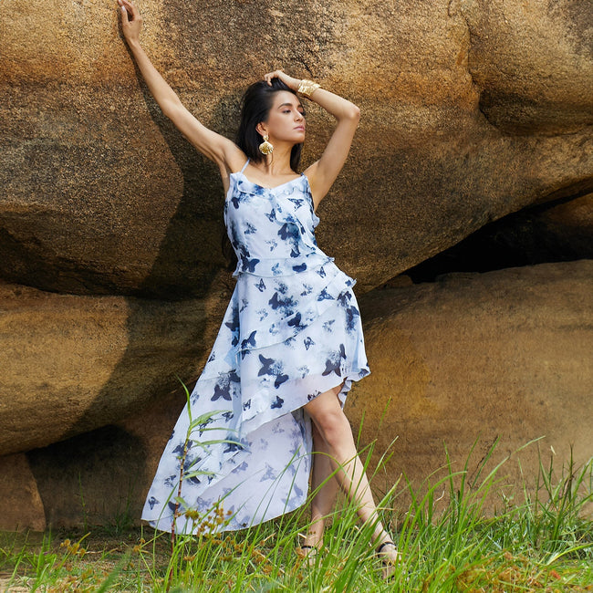 Women Blue Blurry Butterfly Dress