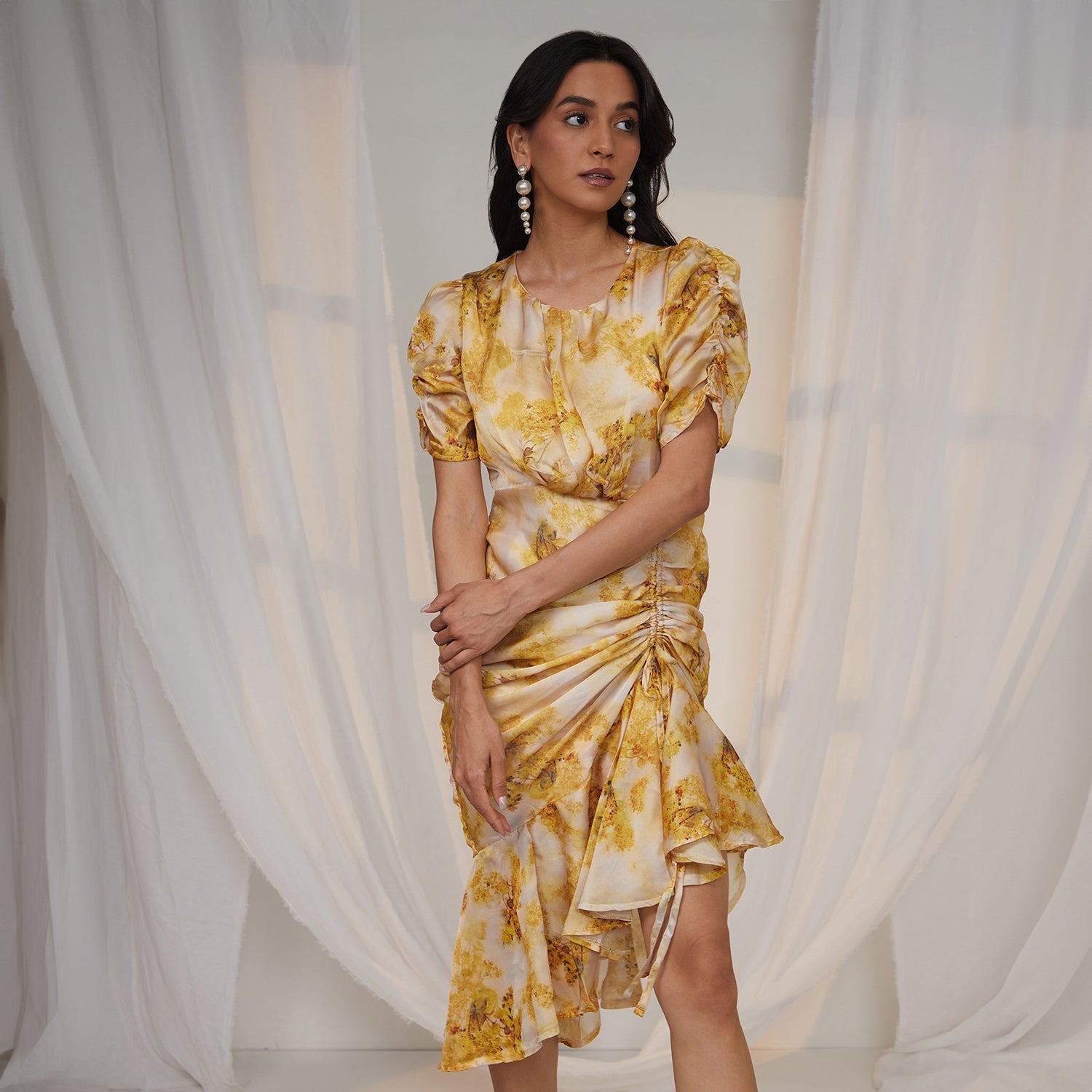 Women Yellow Blurry Draped Dress