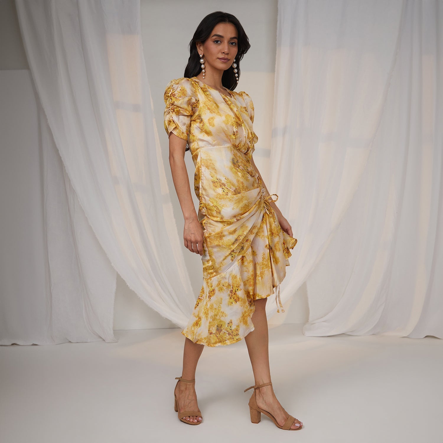 Women Yellow Blurry Draped Dress