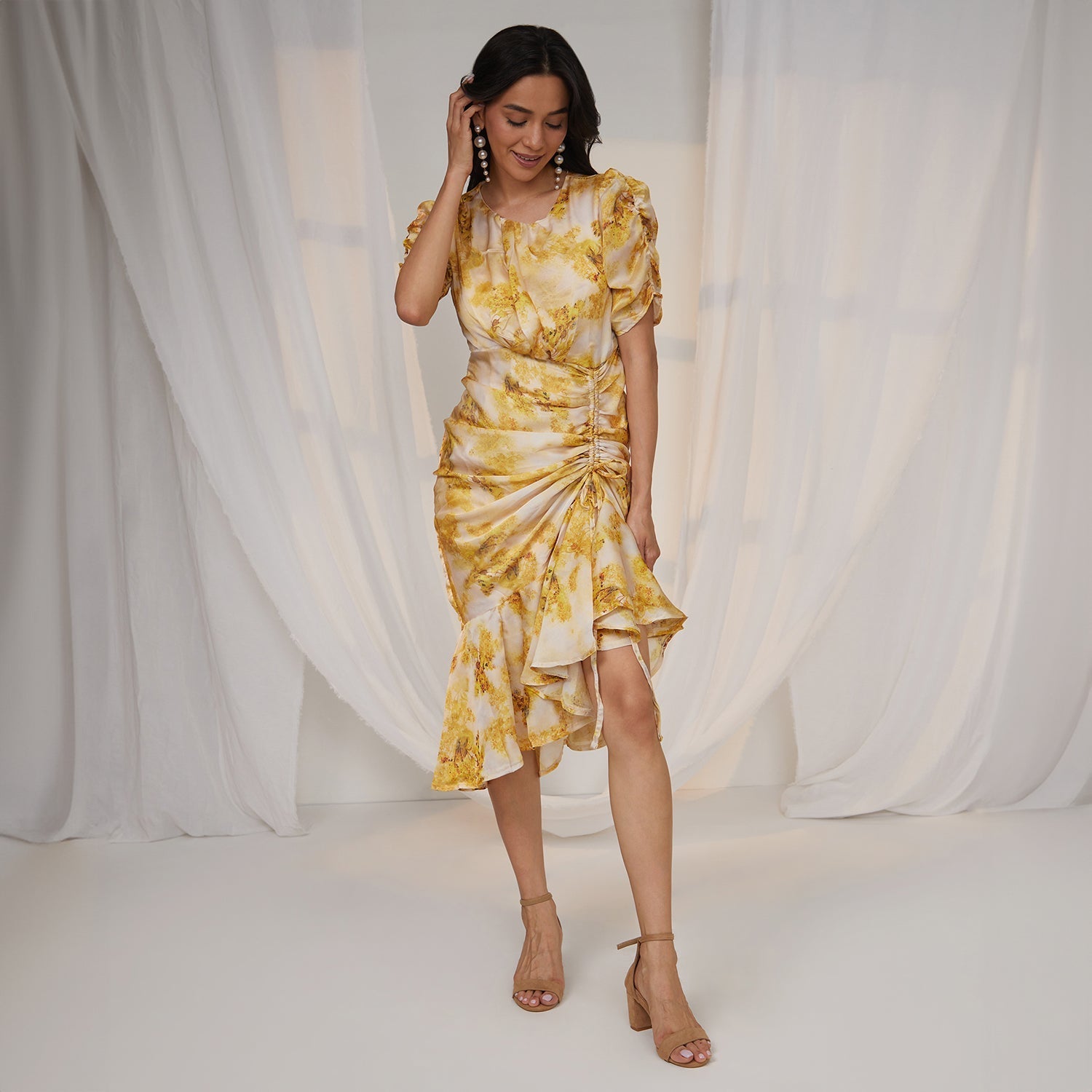 Women Yellow Blurry Draped Dress