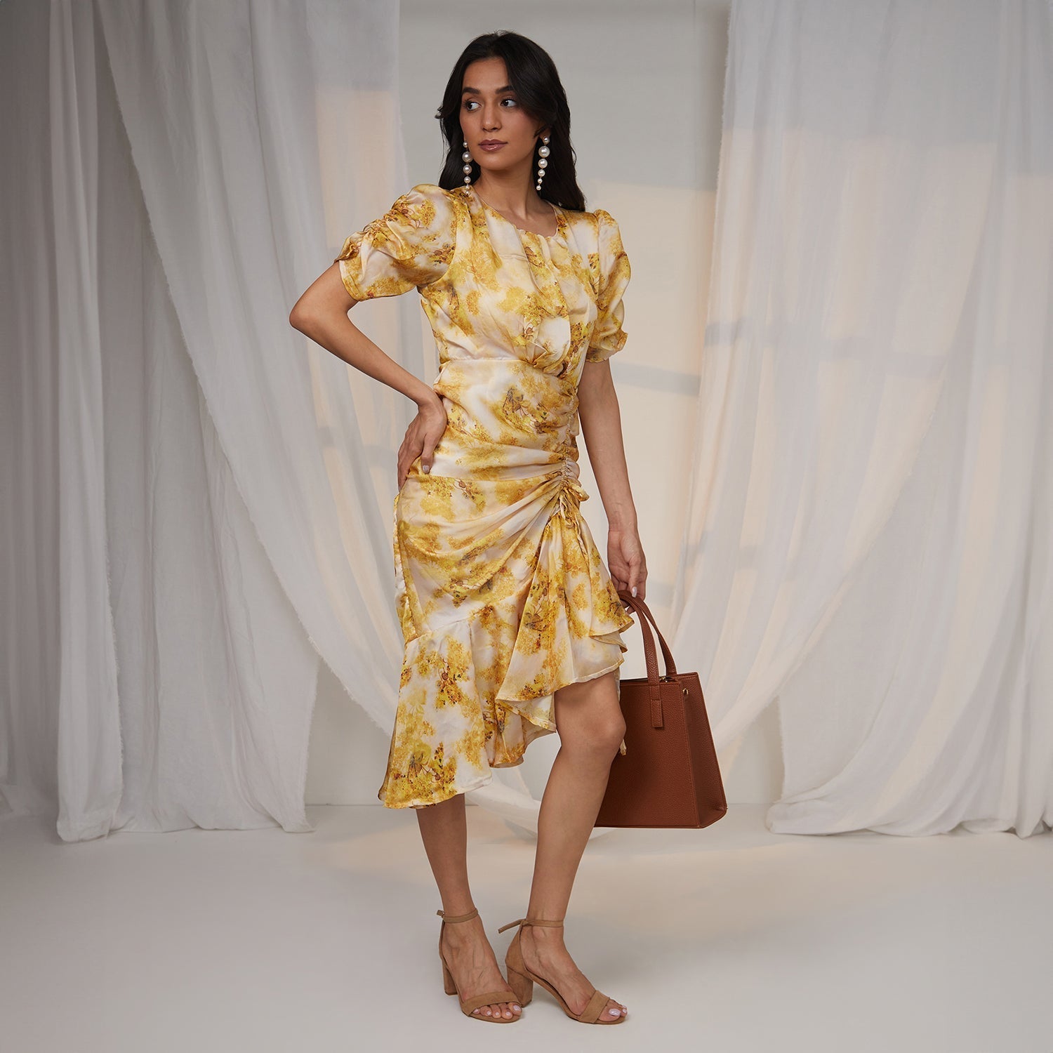 Women Yellow Blurry Draped Dress