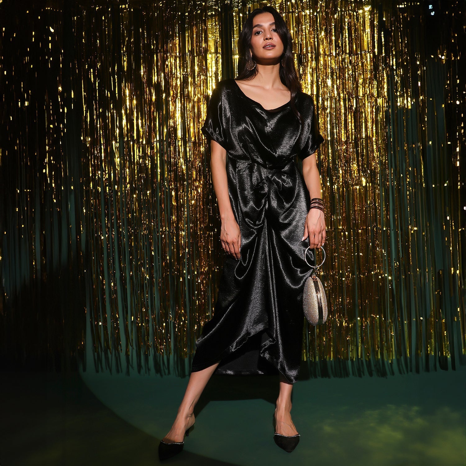 Women Black Draped Satin Dress