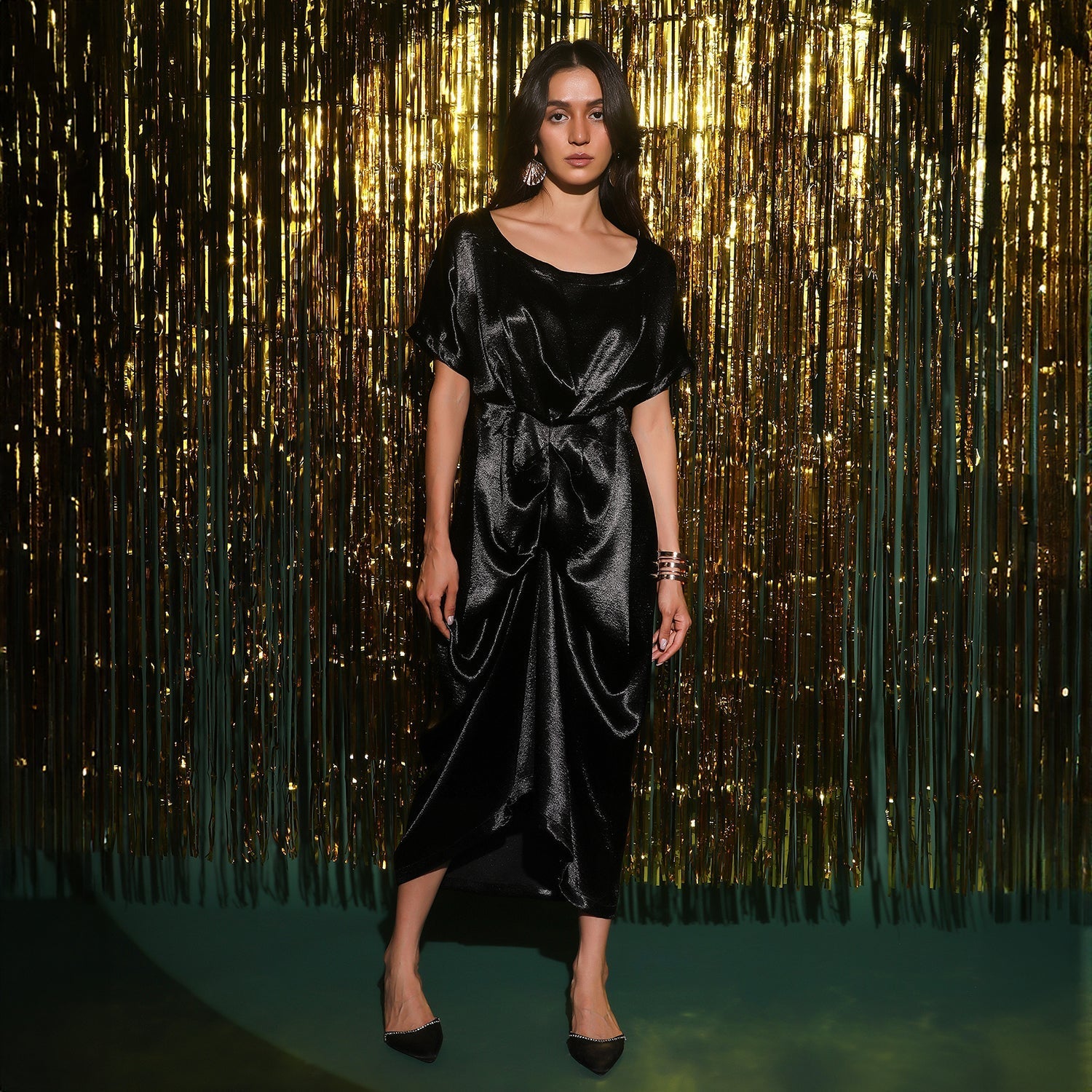 Women Black Draped Satin Dress