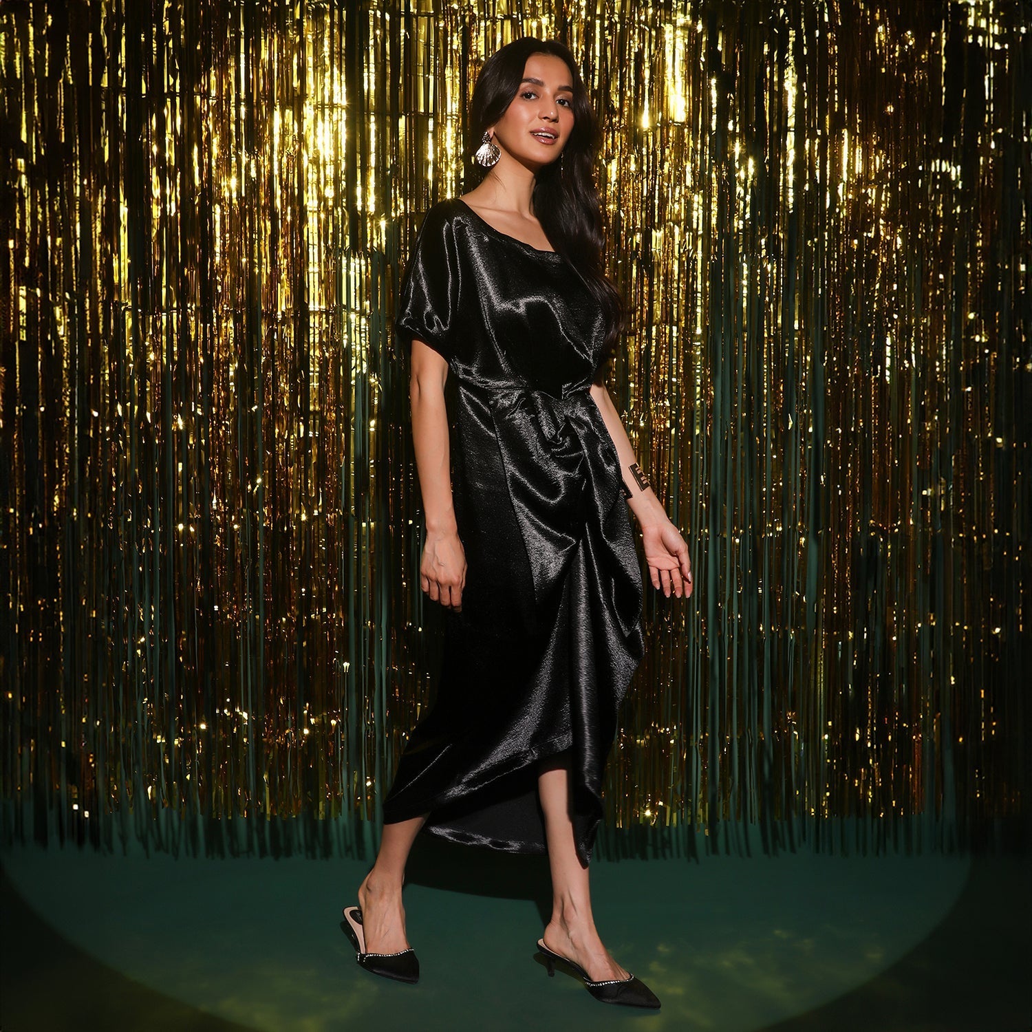 Women Black Draped Satin Dress